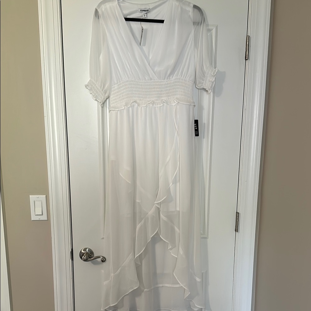 Express White Ruched Ruffled High Low Sundress